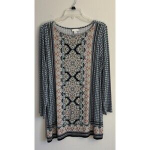 J JILL Mixed Media Shift Dress Blue Floral Paisley Large Long Sleeve Below Knee
